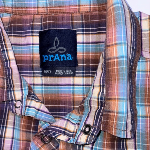 PrAna Snap Button Down Short Sleeve Shirt Madras Brown Blue Plaid Men’s Medium - Picture 2 of 9